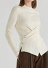 Wrap Front Knit Top with Mock Neck and Button Detail