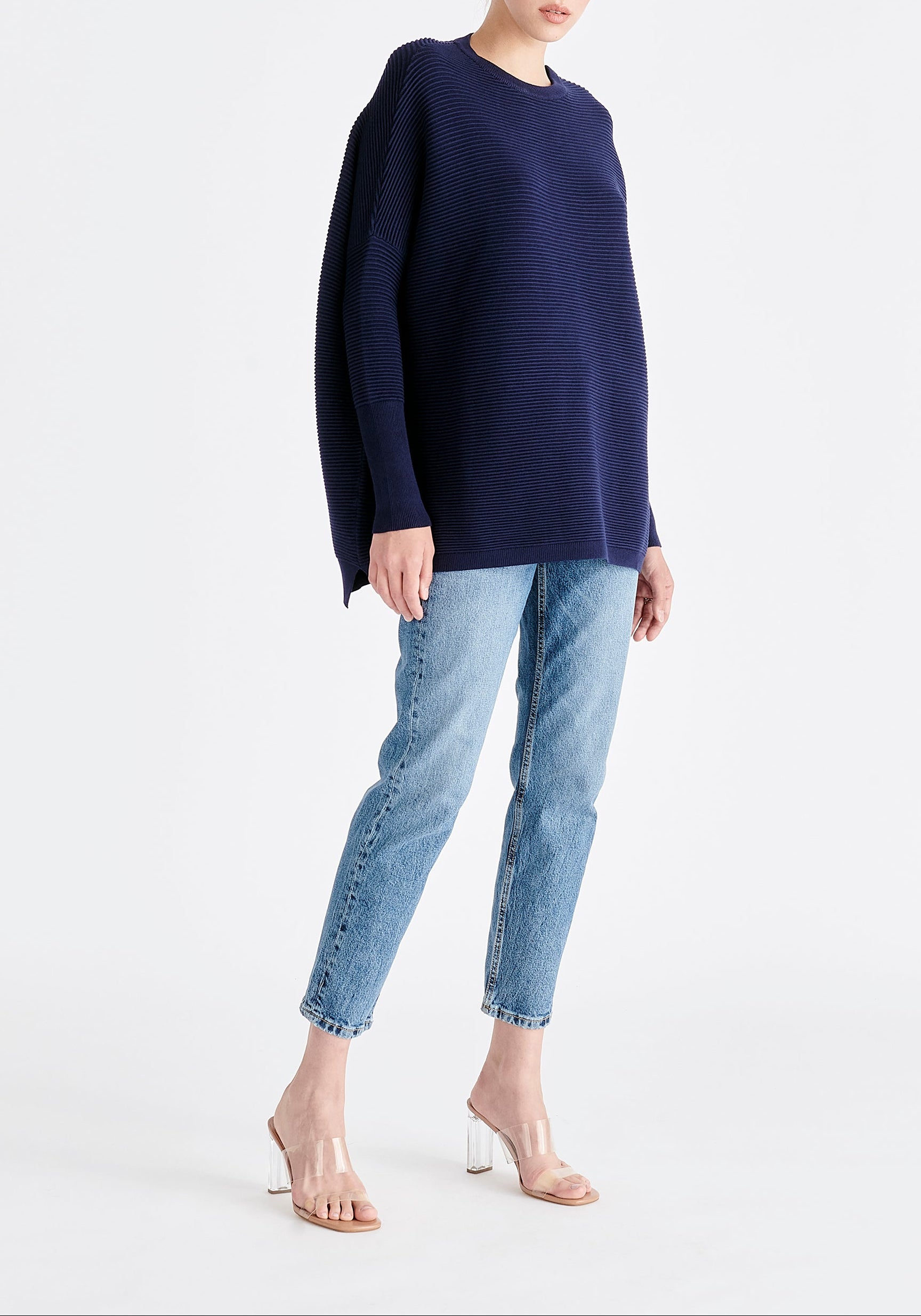 Paisie Ribbed Oversized Knit Jumper in Navy