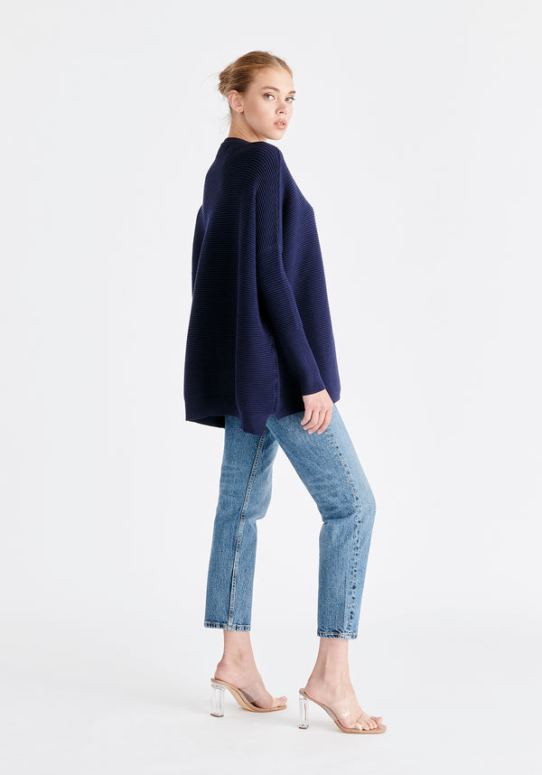 Paisie Ribbed Oversized Knit Jumper in Navy Side