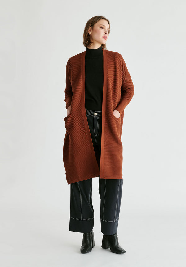 Paisie Long Ribbed Cardigan in Brown