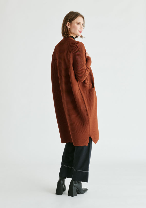 Paisie Long Ribbed Cardigan in Brown Back