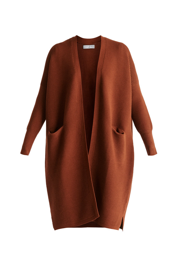 Paisie Long Ribbed Cardigan in Brown Cutout