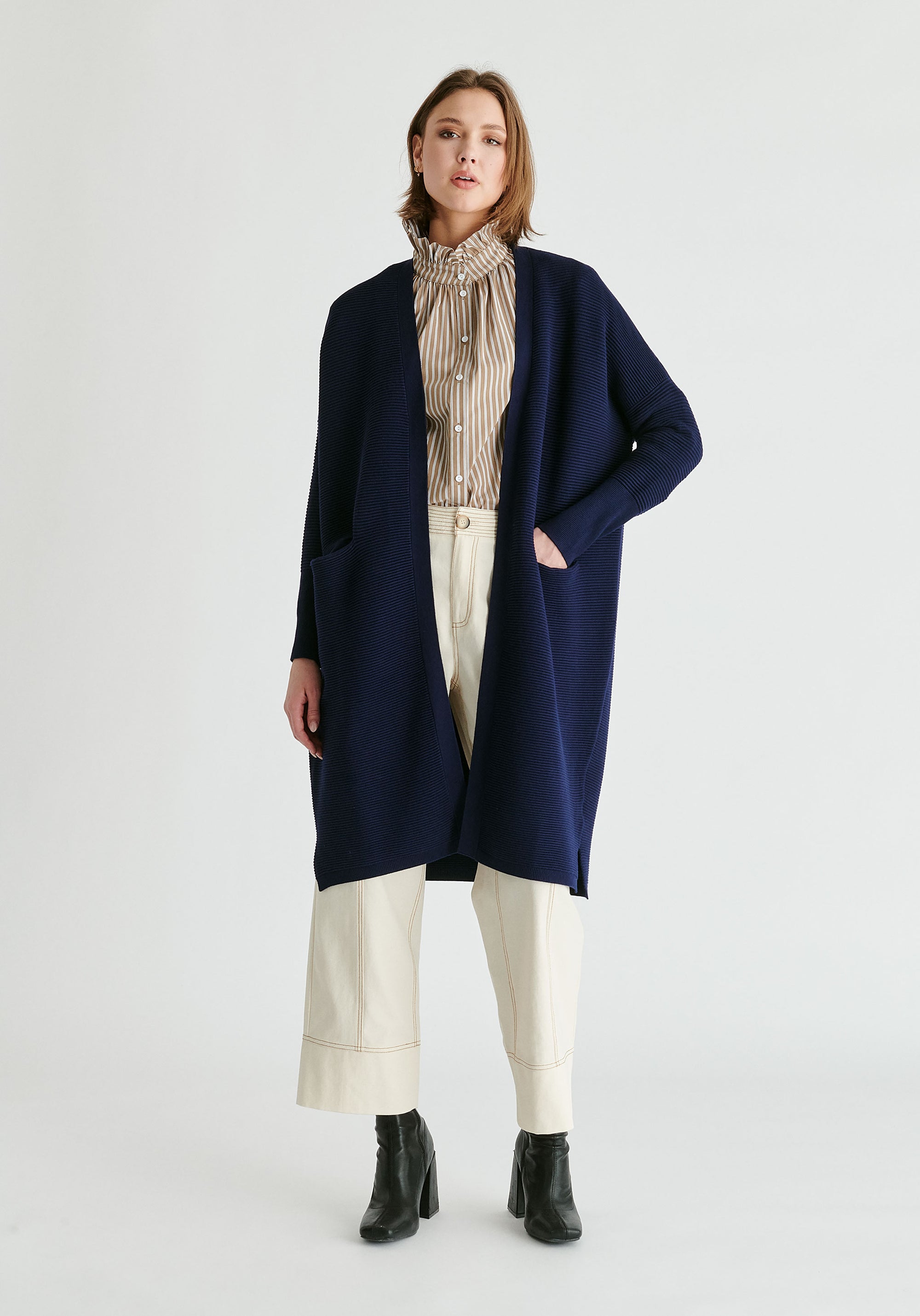 Paisie Long Ribbed Cardigan in Navy Front