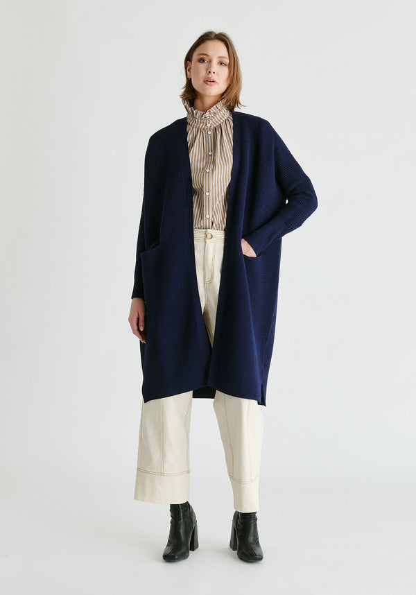 Paisie Long Ribbed Cardigan in Navy Front