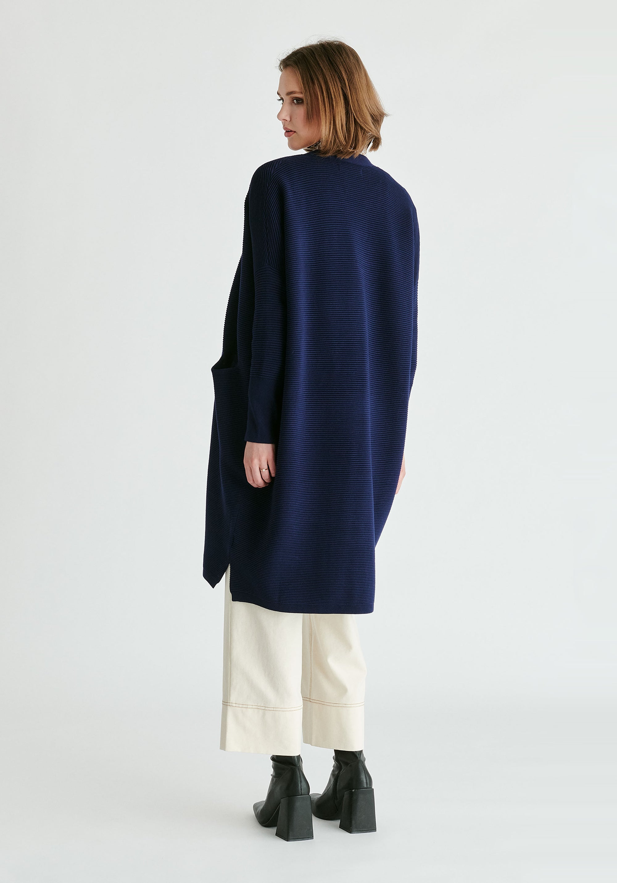 Paisie Long Ribbed Cardigan in Navy Back