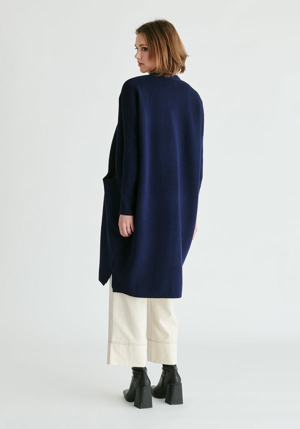 Paisie Long Ribbed Cardigan in Navy Back