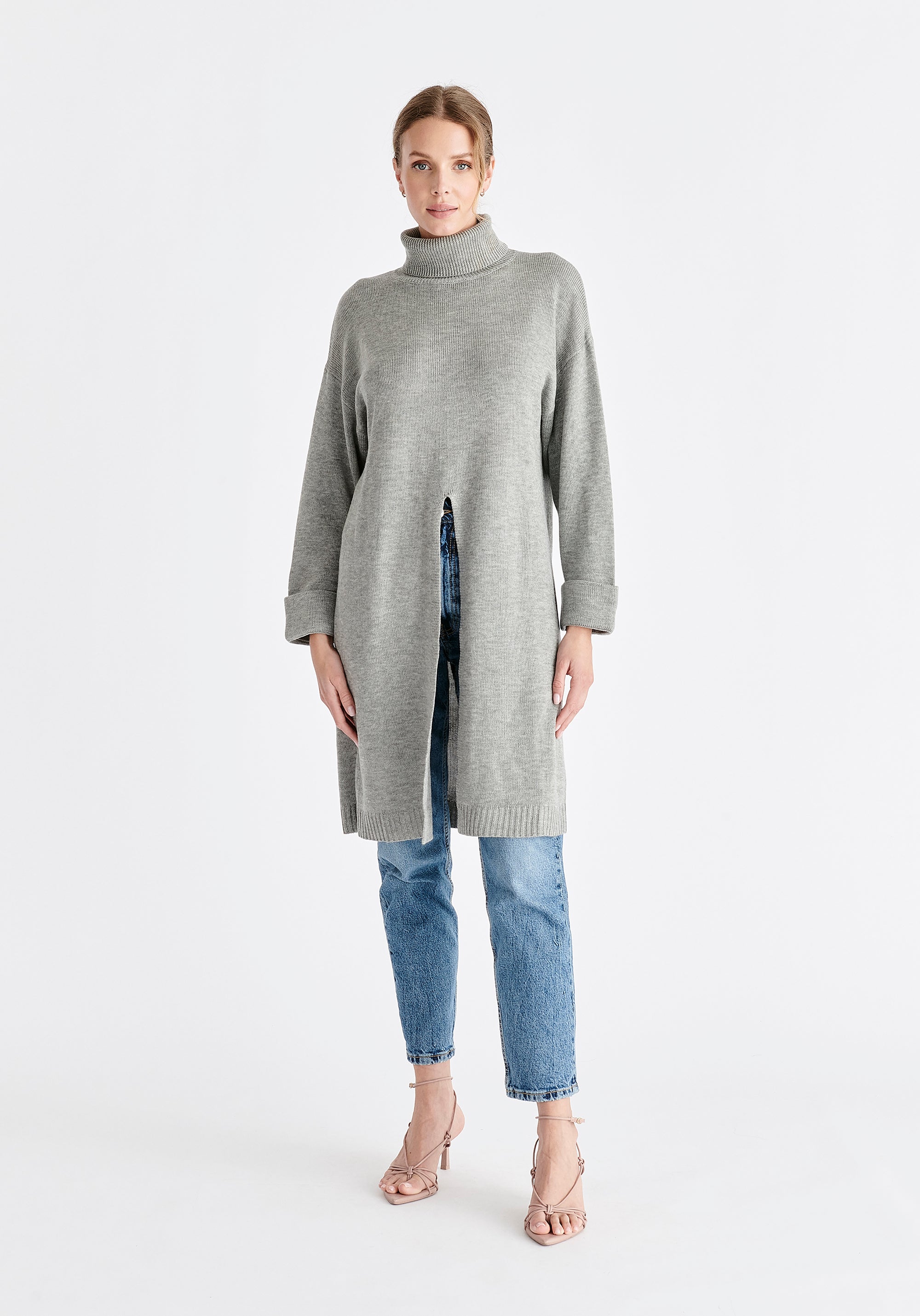 Paisie Knitted Split Jumper Dress Tunic in Grey
