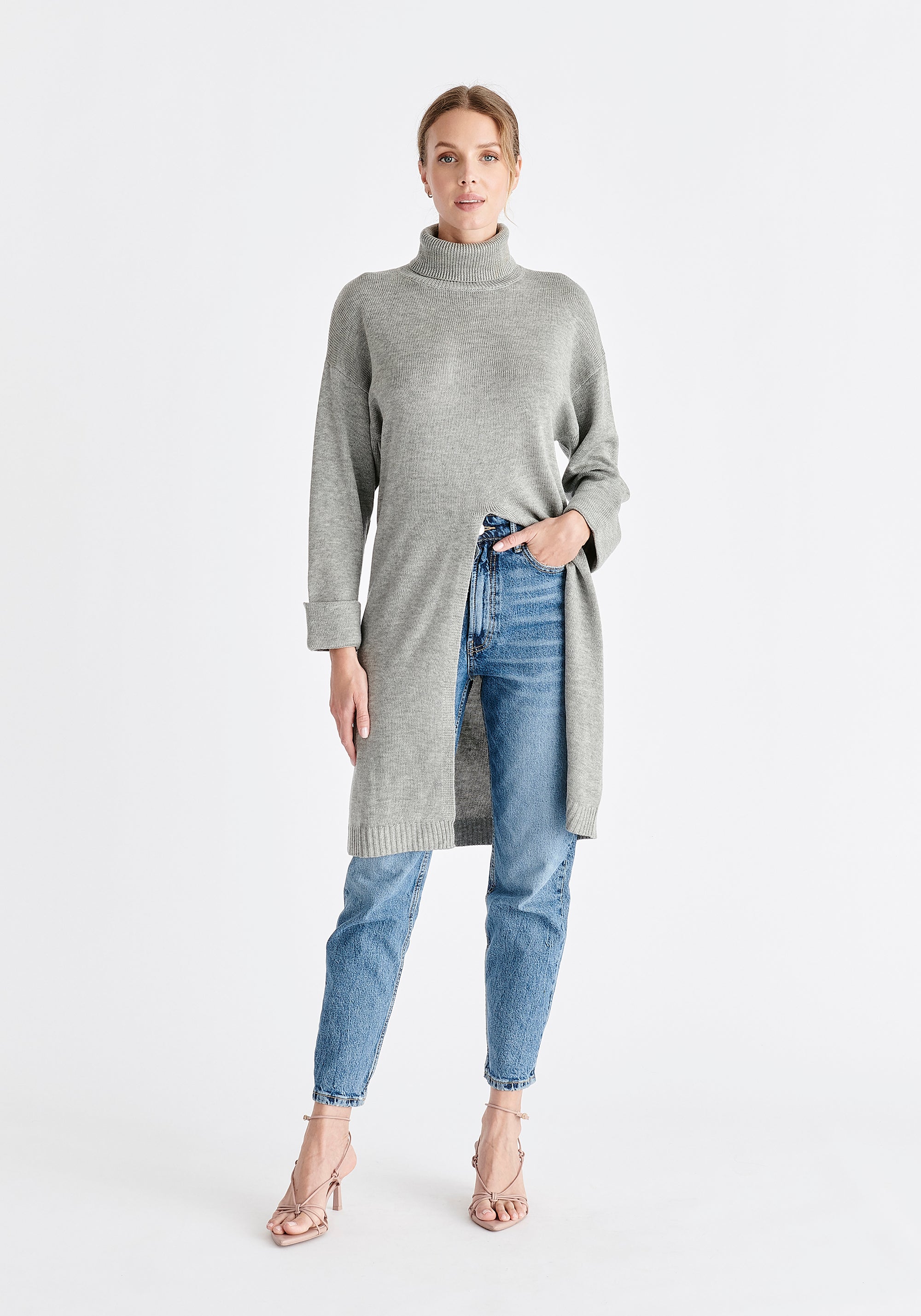 Paisie Knitted Split Jumper Dress Tunic in Grey