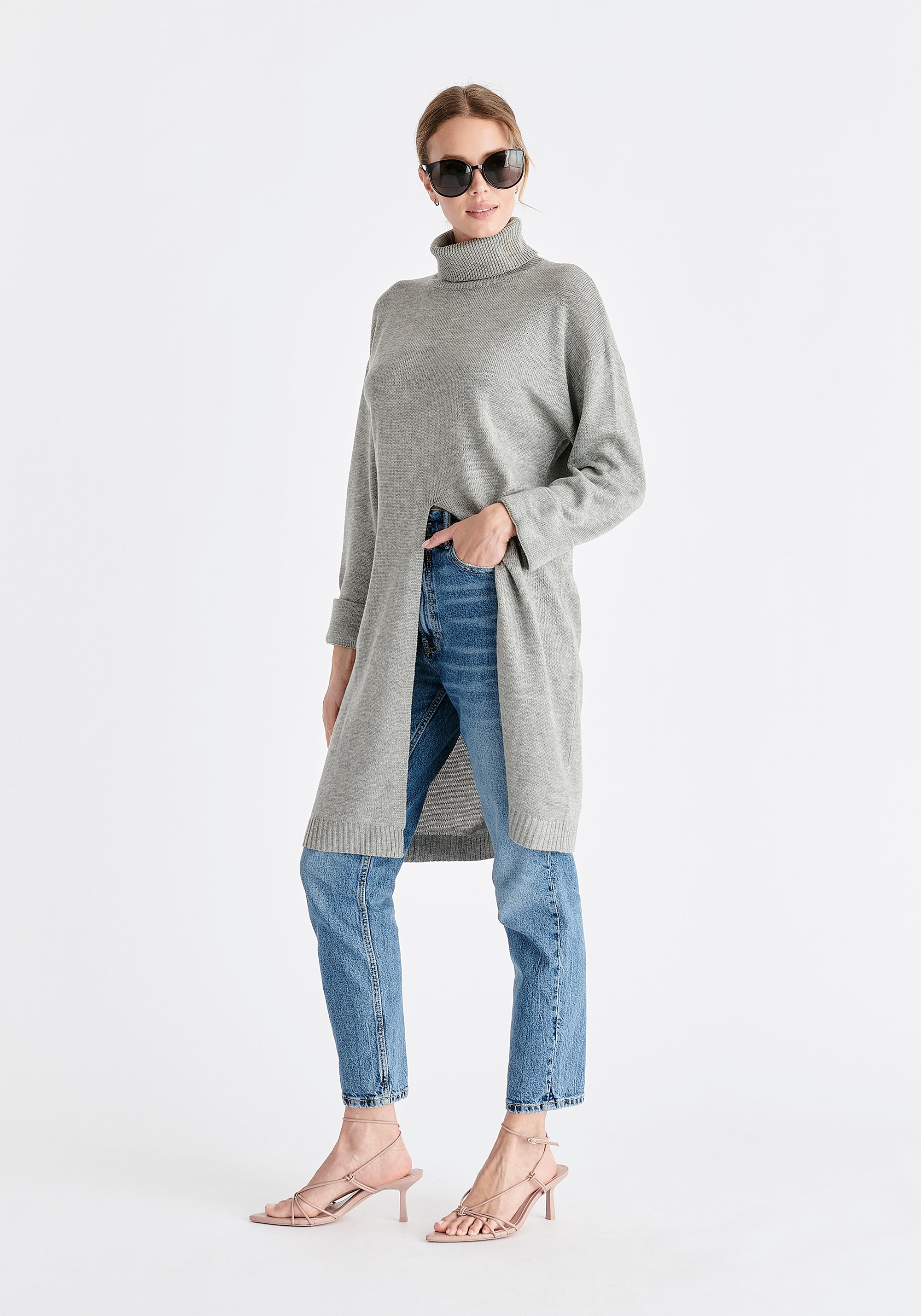 Paisie Knitted Split Jumper Dress Tunic in Grey