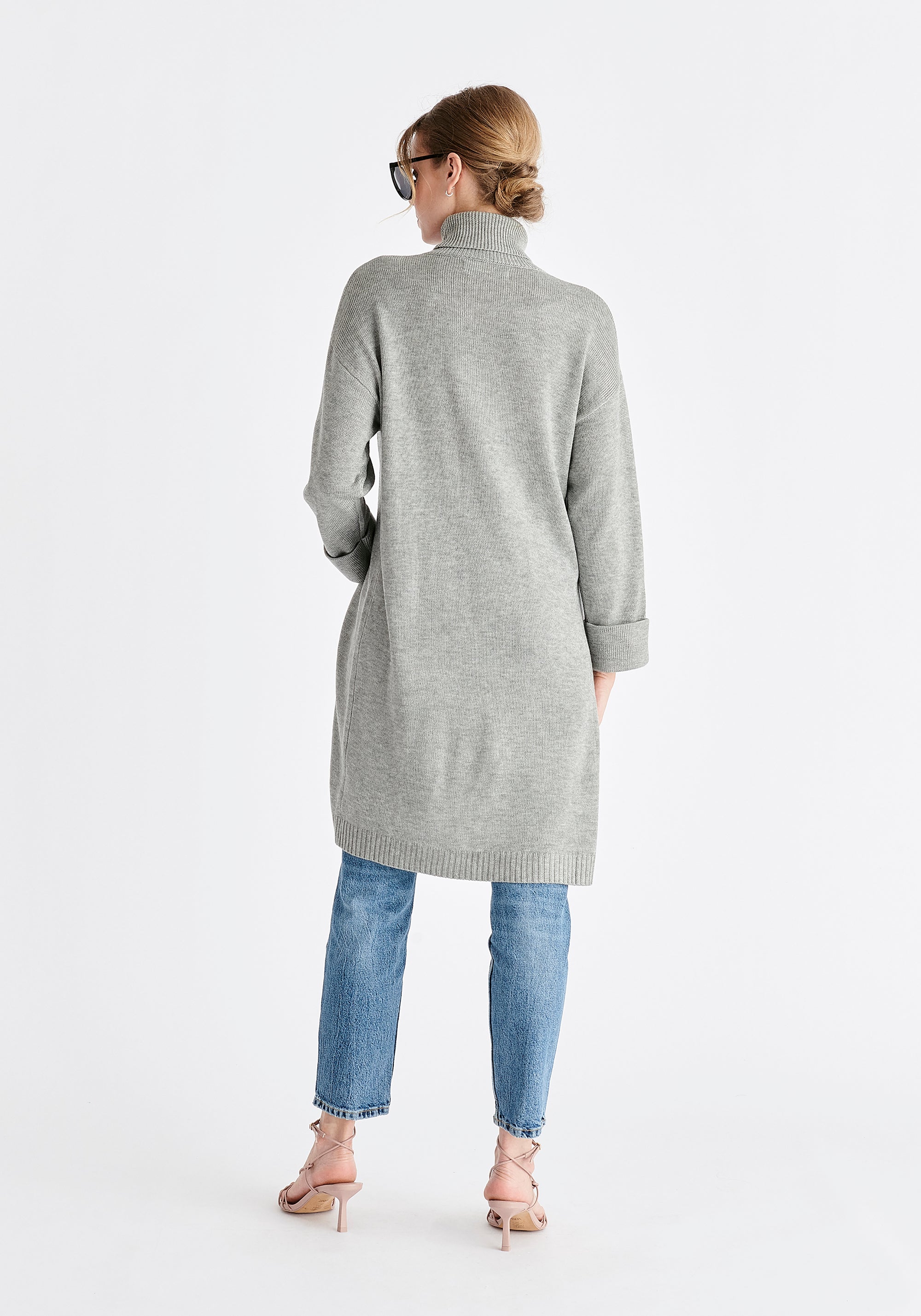 Paisie Knitted Split Jumper Dress Tunic in Grey Back