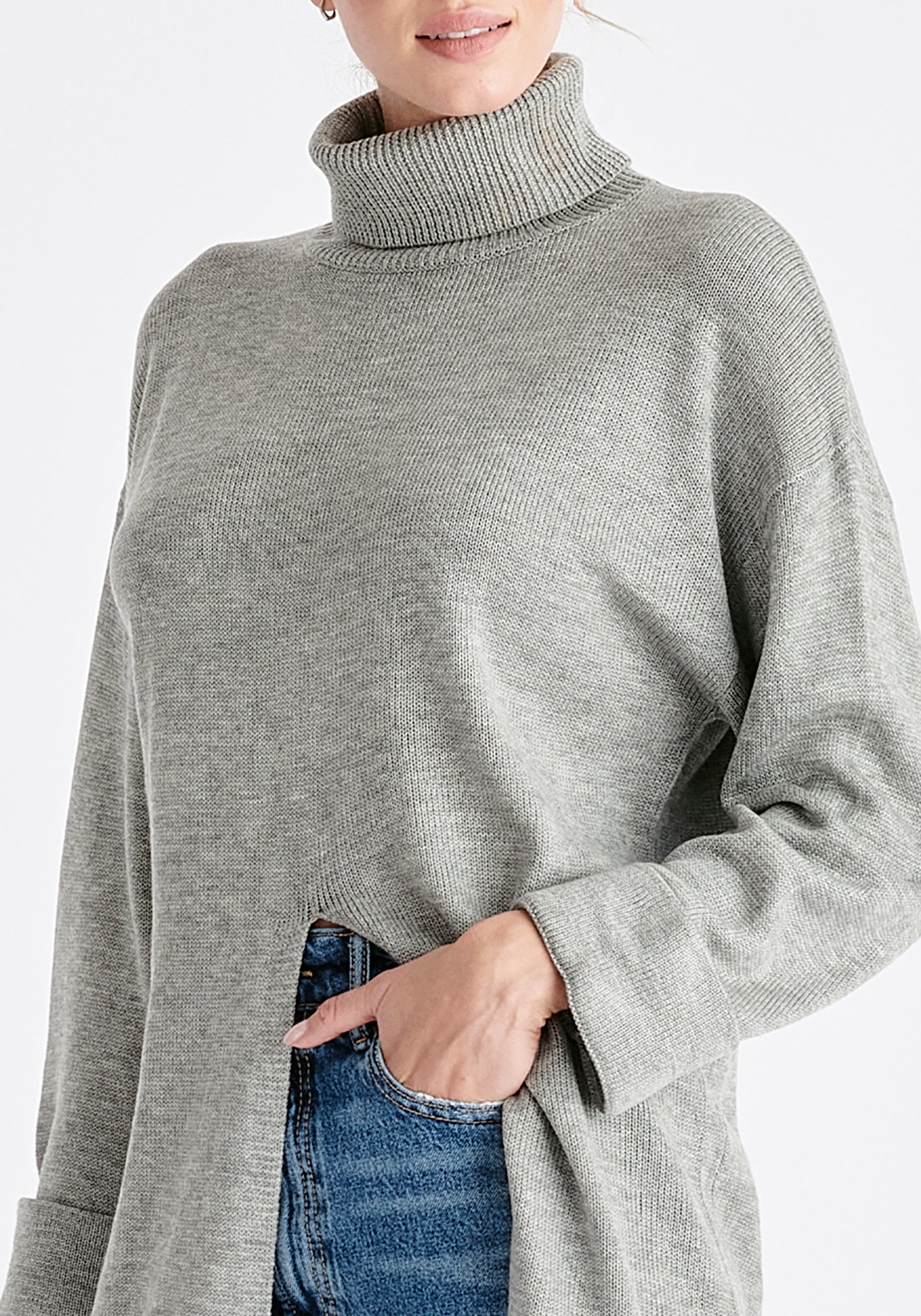 Paisie Knitted Split Jumper Dress Tunic in Grey Close Up