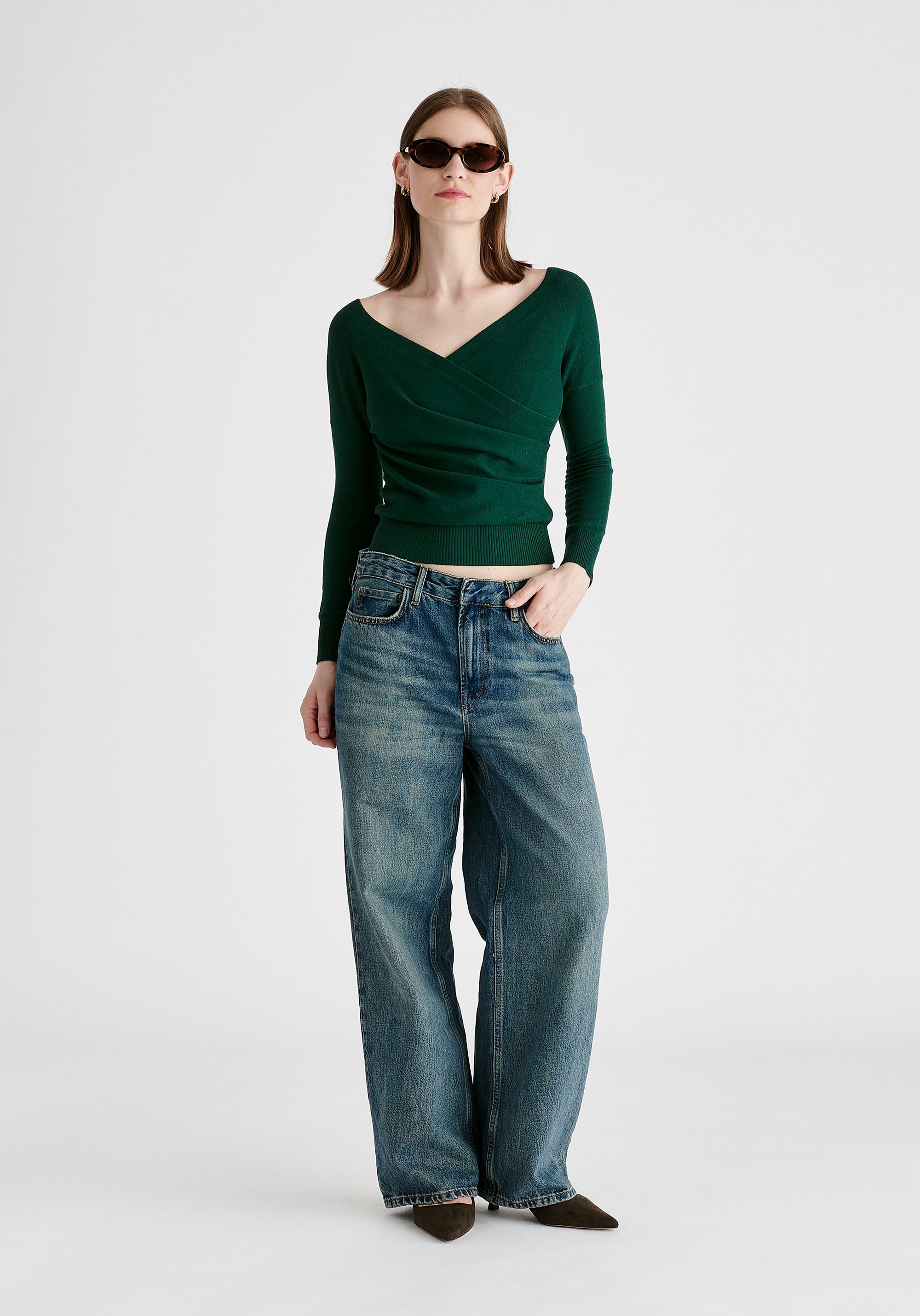 Knitted Wrap Top with Long Sleeves in Dark Green Front