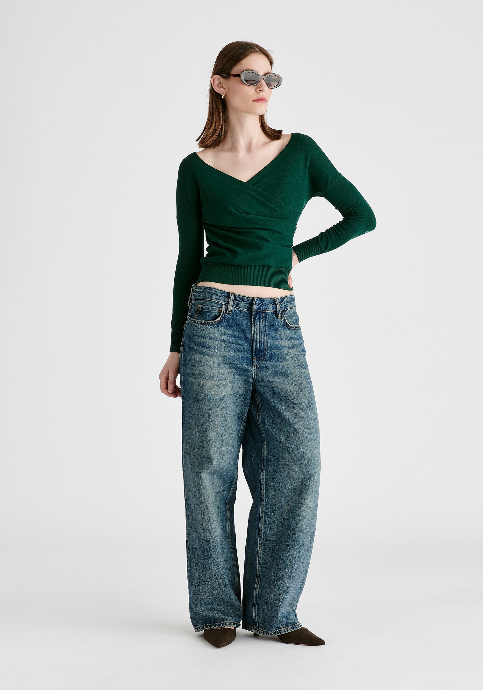 Knitted Wrap Top with Long Sleeves in Dark Green Front