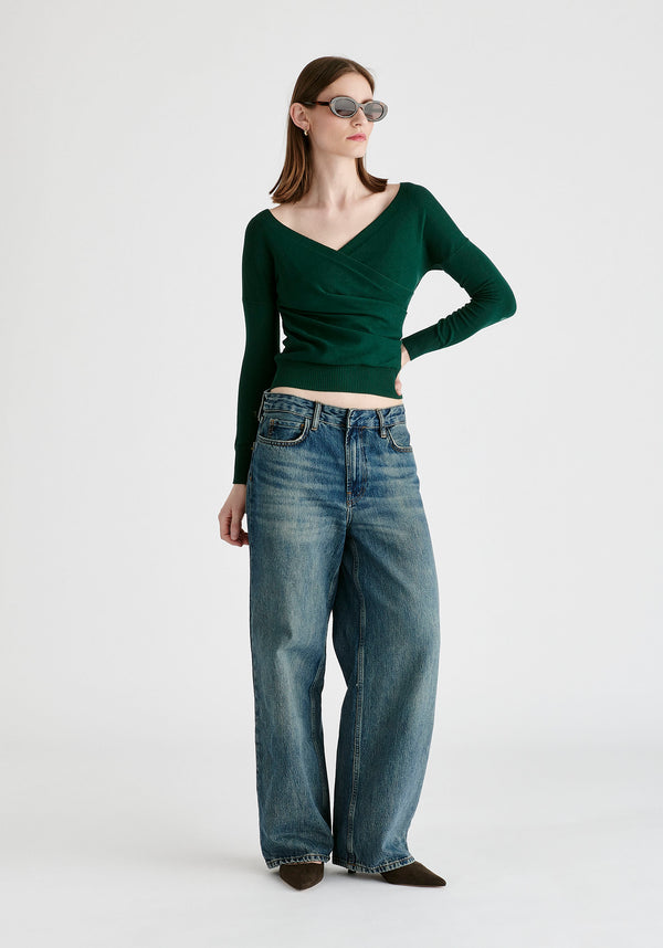 Knitted Wrap Top with Long Sleeves in Dark Green Front