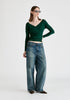 Knitted Wrap Top with Long Sleeves in Dark Green Front