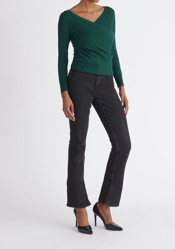 Paisie Long Sleeve Knit Wrap Top in Green