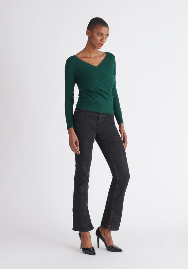 Paisie Long Sleeve Knit Wrap Top in Green