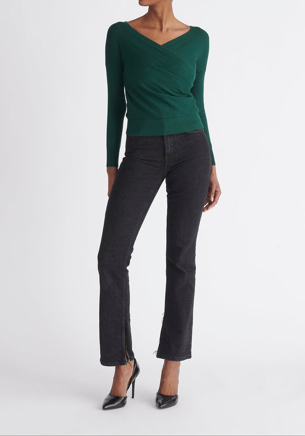Paisie Long Sleeve Knit Wrap Top in Green