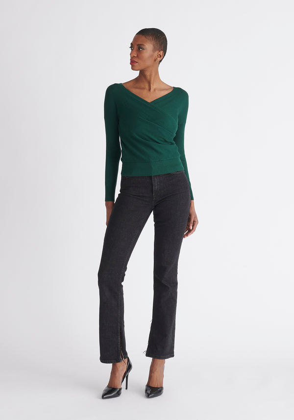 Paisie Long Sleeve Knit Wrap Top in Green