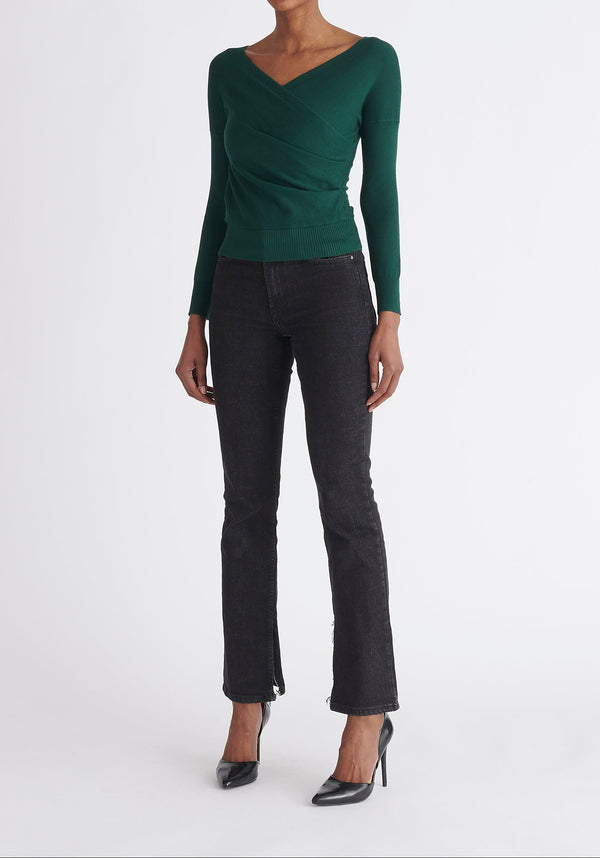 Paisie Long Sleeve Knit Wrap Top in Green