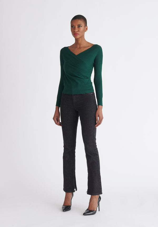 Paisie Long Sleeve Knit Wrap Top in Green