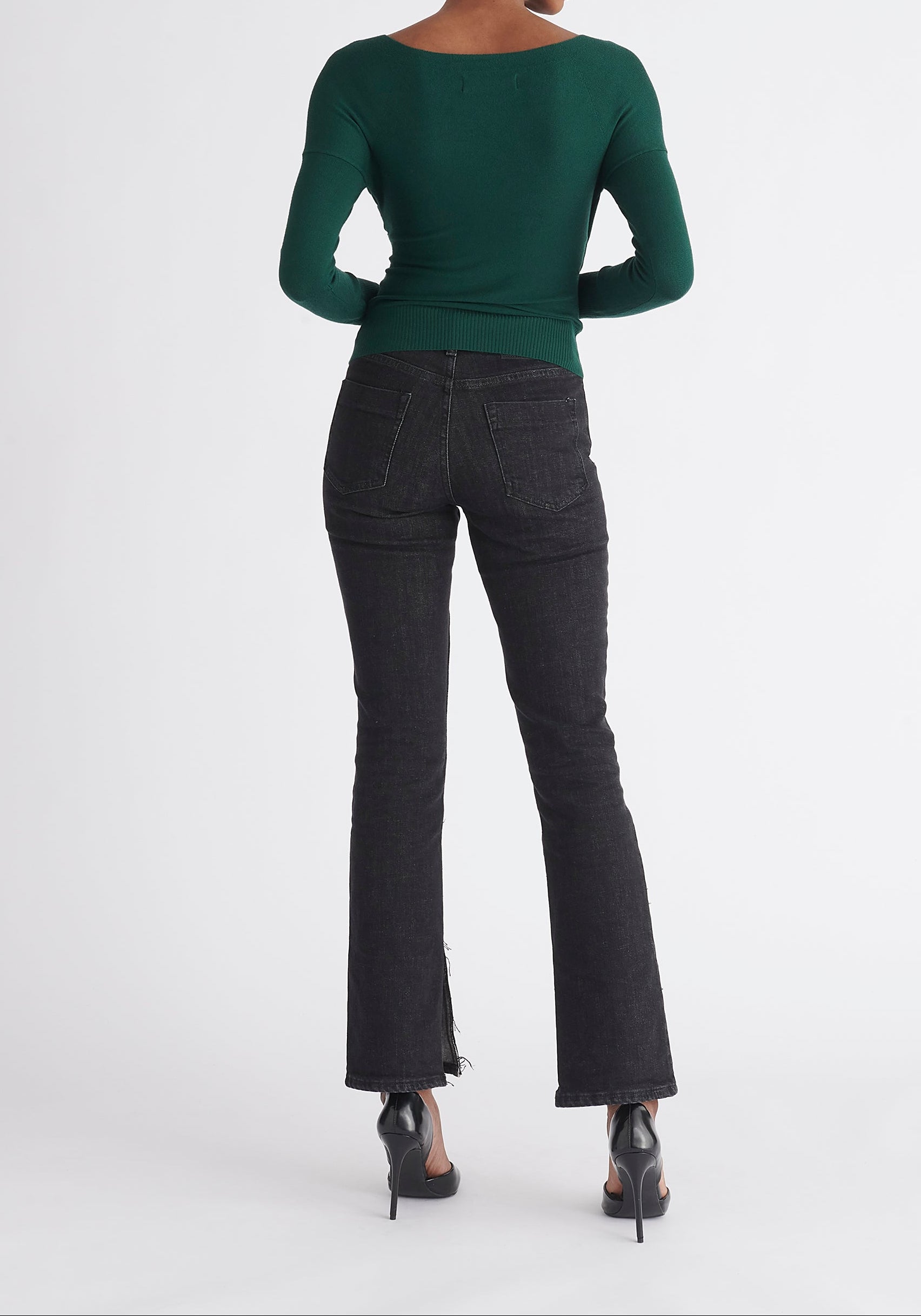 Paisie Long Sleeve Knit Wrap Top in Green Back