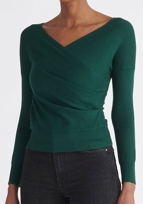Paisie Long Sleeve Knit Wrap Top in Green Close Up