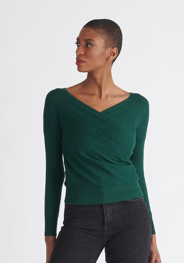 Paisie Long Sleeve Knit Wrap Top in Green