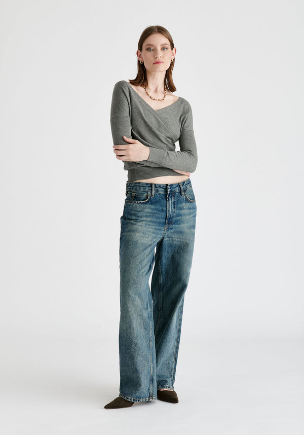 Knitted Wrap Top with Long Sleeves in Light Grey Front