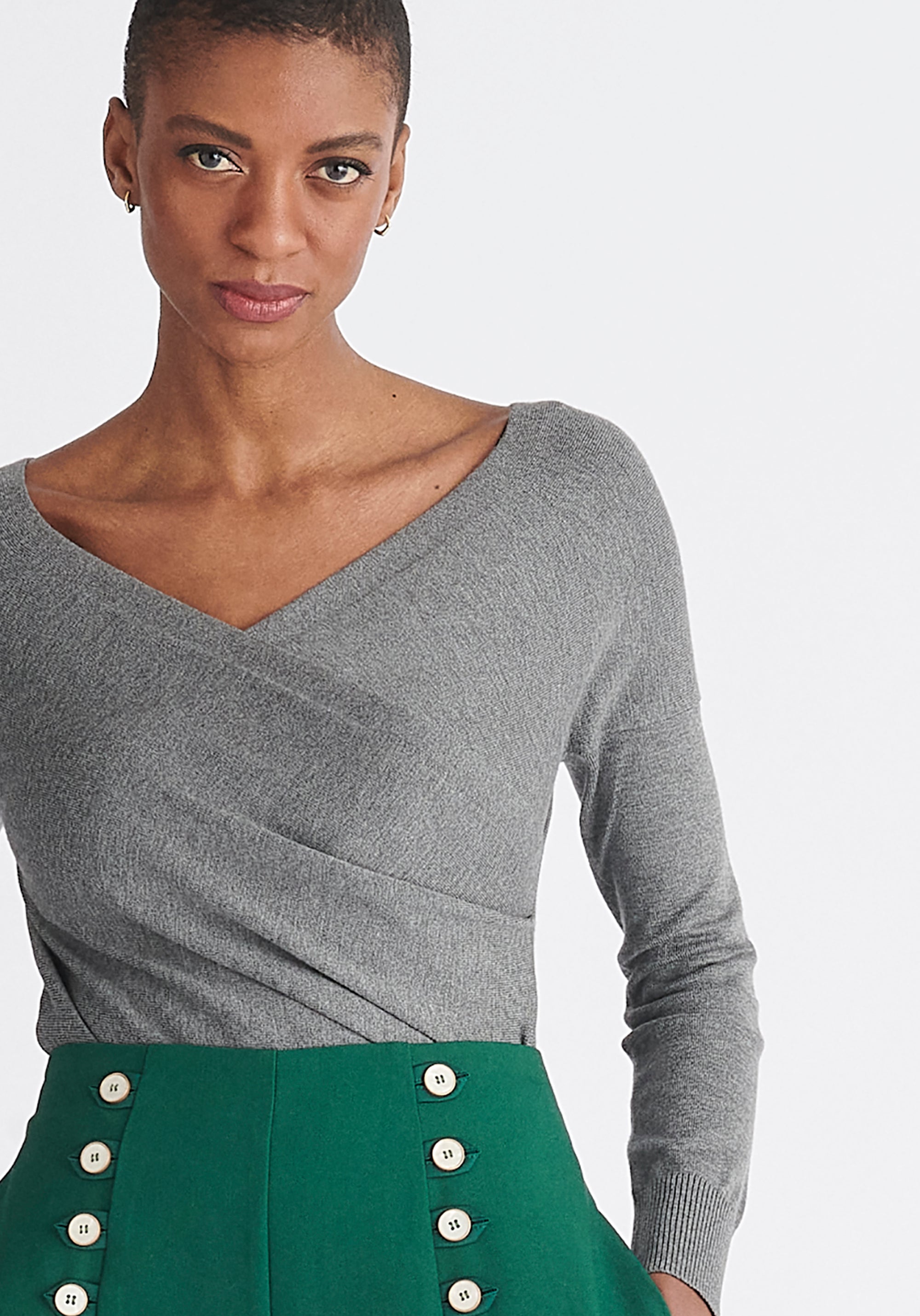 Paisie Long Sleeve Knit Wrap Top with in Grey Close Up
