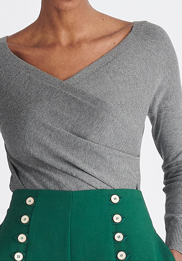 Paisie Long Sleeve Knit Wrap Top with in Grey Close Up