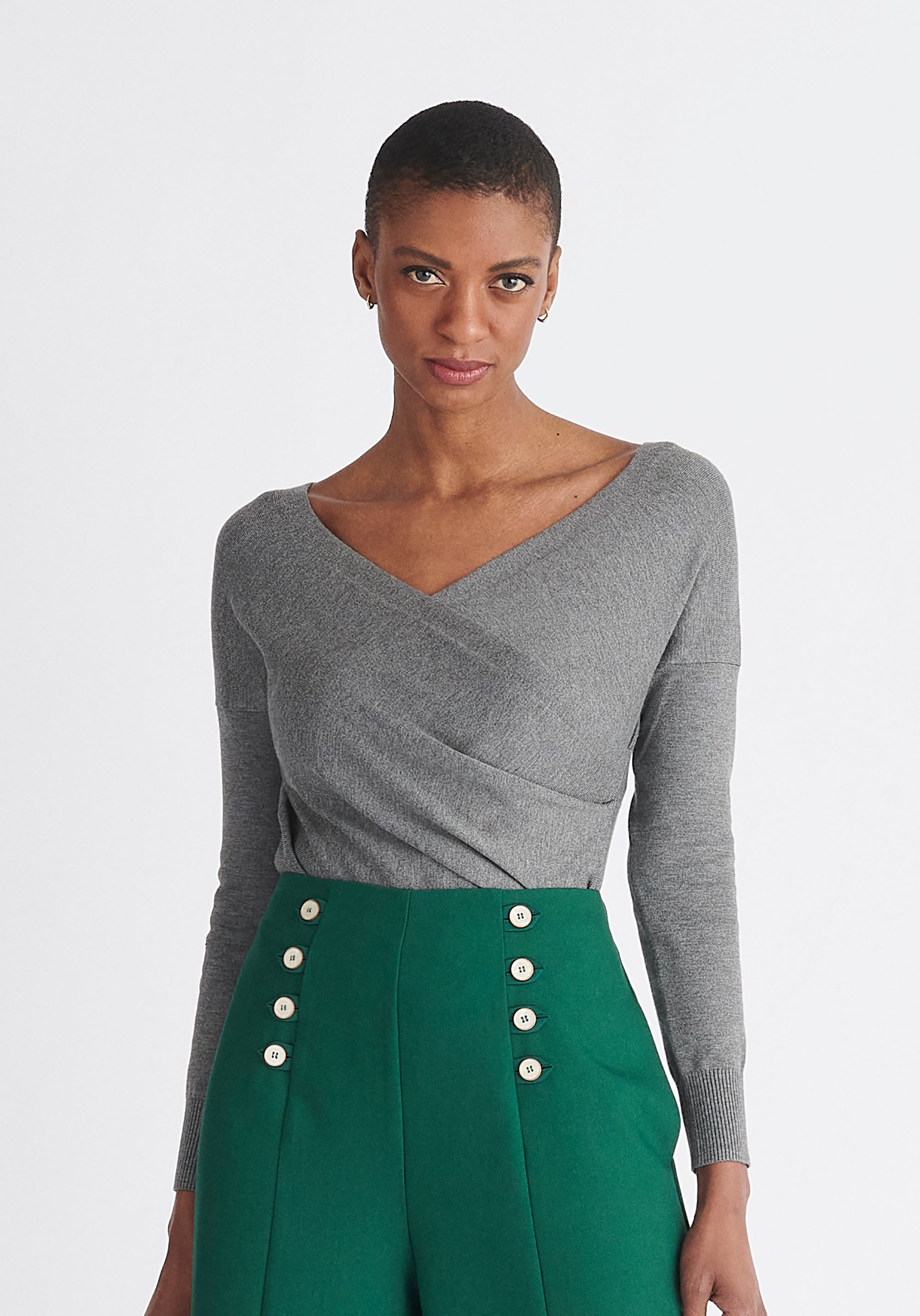 Paisie Long Sleeve Knit Wrap Top with in Grey