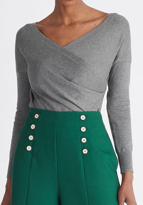 Paisie Long Sleeve Knit Wrap Top with in Grey