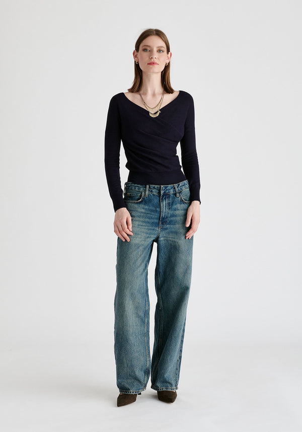 Knitted Wrap Top with Long Sleeves in Navy ront