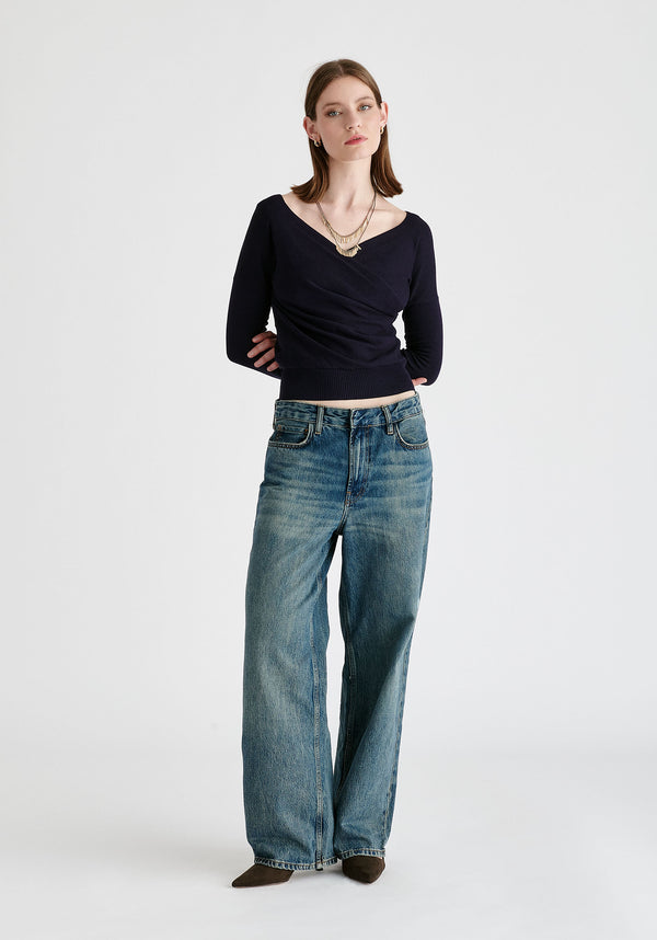 Knitted Wrap Top with Long Sleeves in Navy Front