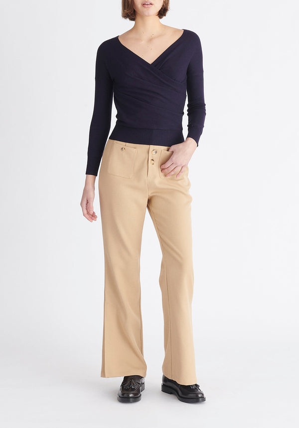 Paisie Long Sleeve Knit Wrap Top in Navy