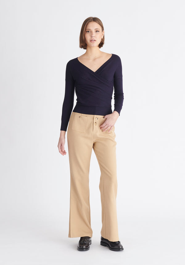Paisie Long Sleeve Knit Wrap Top in Navy