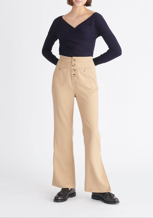 Paisie Long Sleeve Knit Wrap Top in Navy