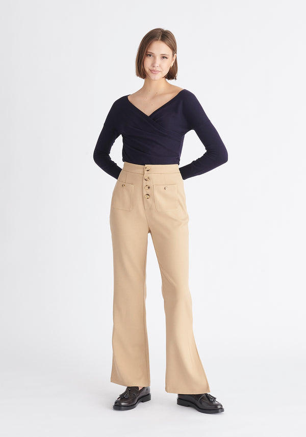 Paisie Long Sleeve Knit Wrap Top in Navy