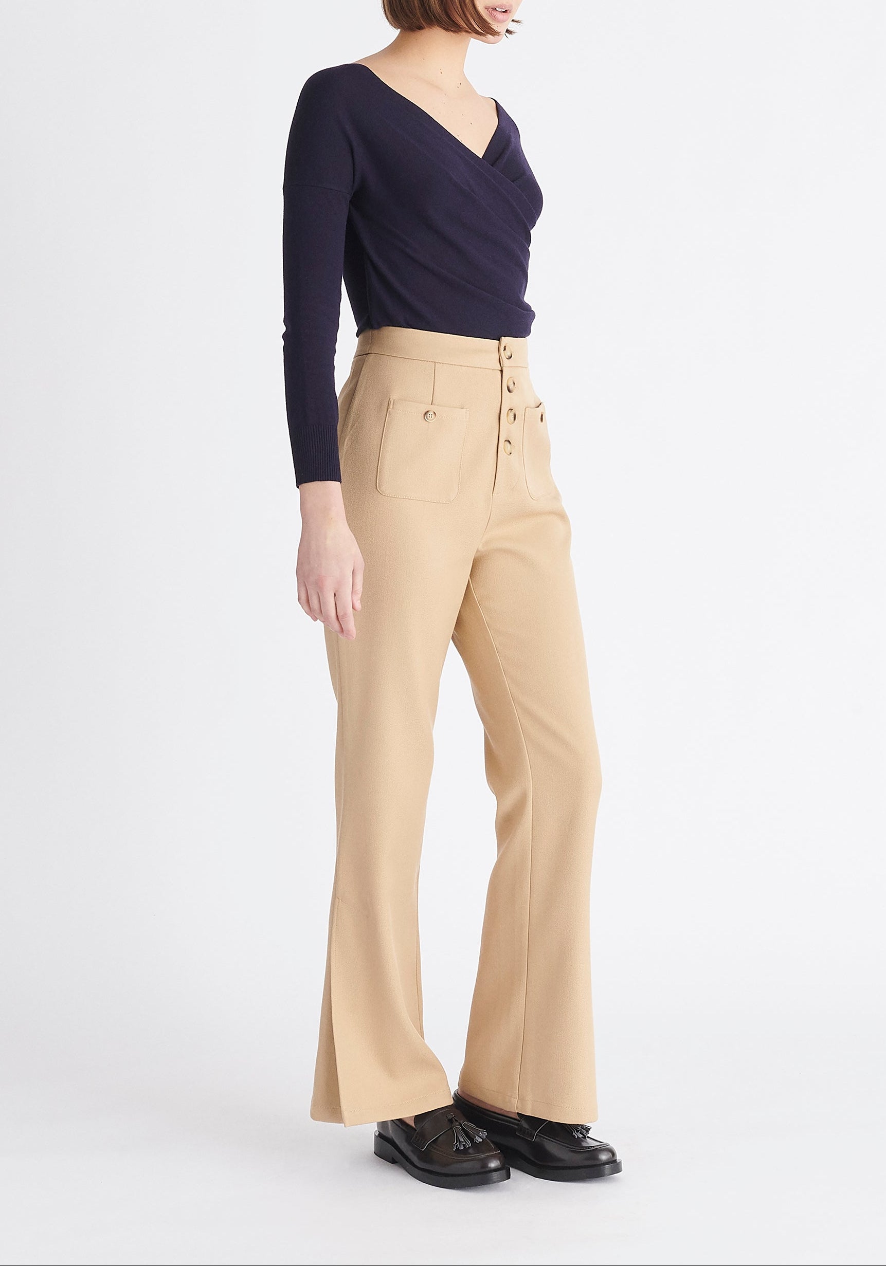Paisie Long Sleeve Knit Wrap Top in Navy