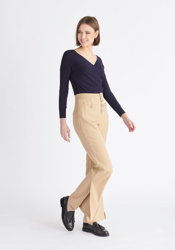 Paisie Long Sleeve Knit Wrap Top in Navy