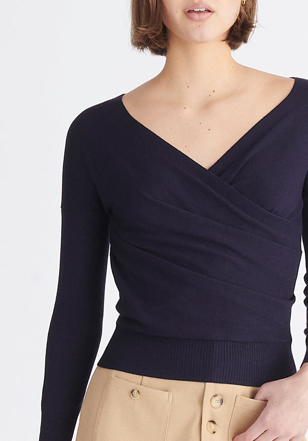 Paisie Long Sleeve Knit Wrap Top in Navy Close Up