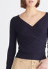 Paisie Long Sleeve Knit Wrap Top in Navy Close Up