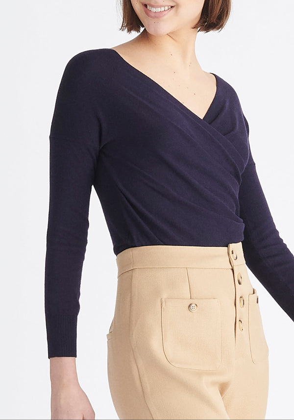 Paisie Long Sleeve Knit Wrap Top in Navy