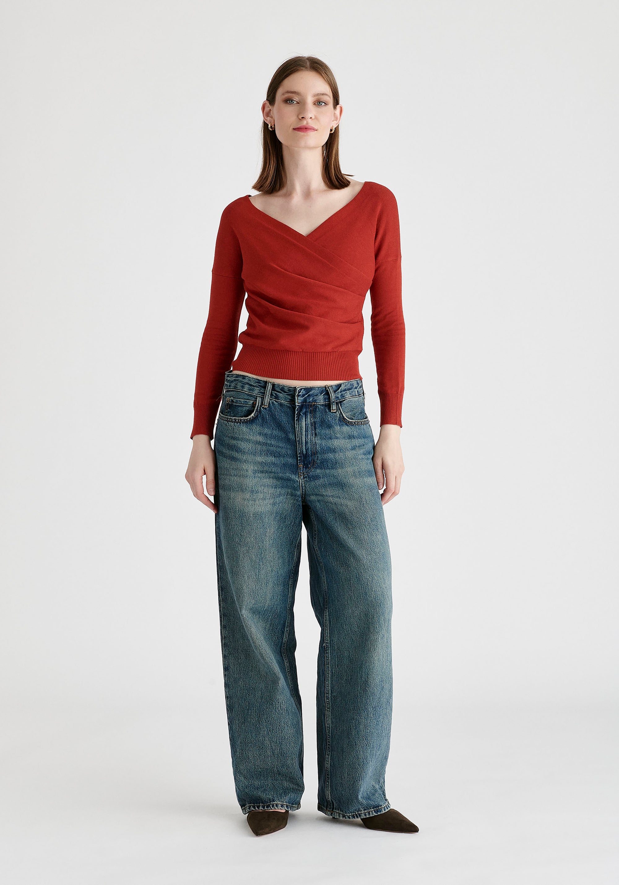 Knitted Wrap Top with Long Sleeves in Red Front