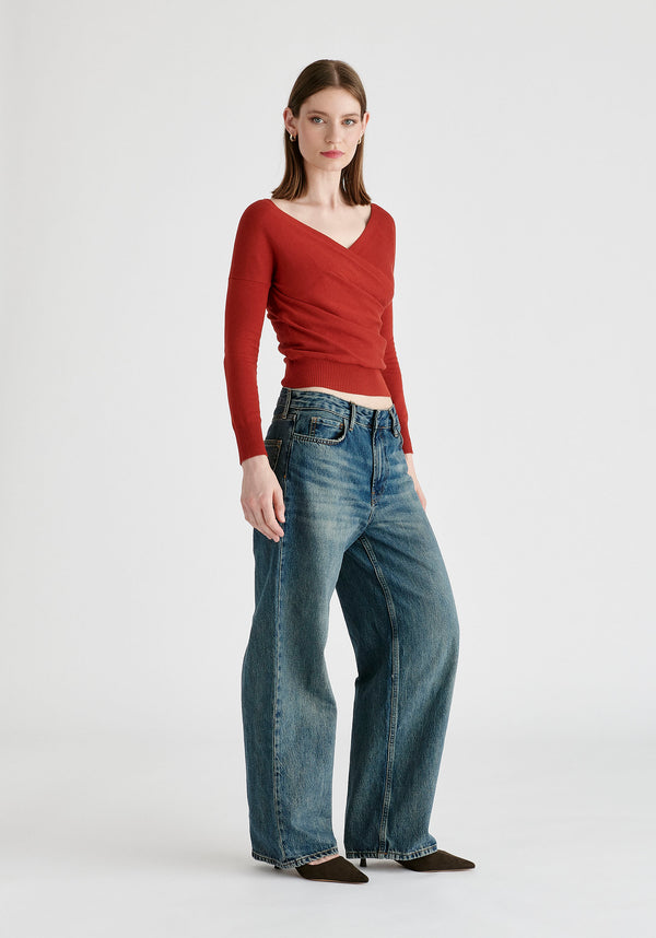 Knitted Wrap Top with Long Sleeves in Red Side