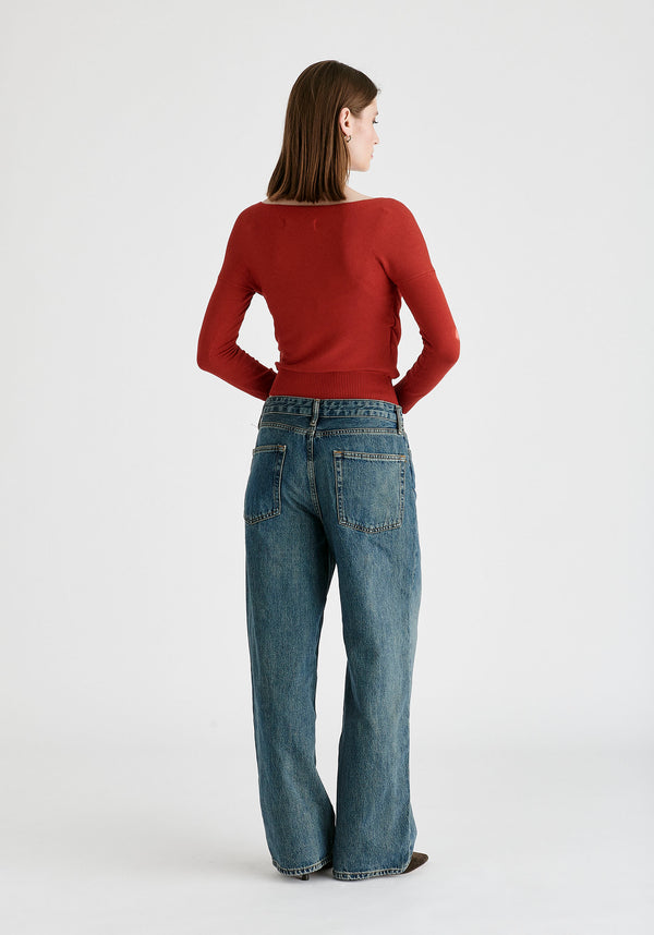 Knitted Wrap Top with Long Sleeves in Red Back