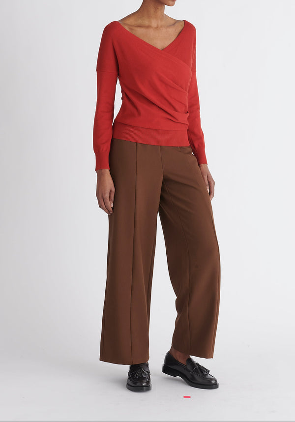 Paisie Long Sleeve Knit Wrap Top in Red