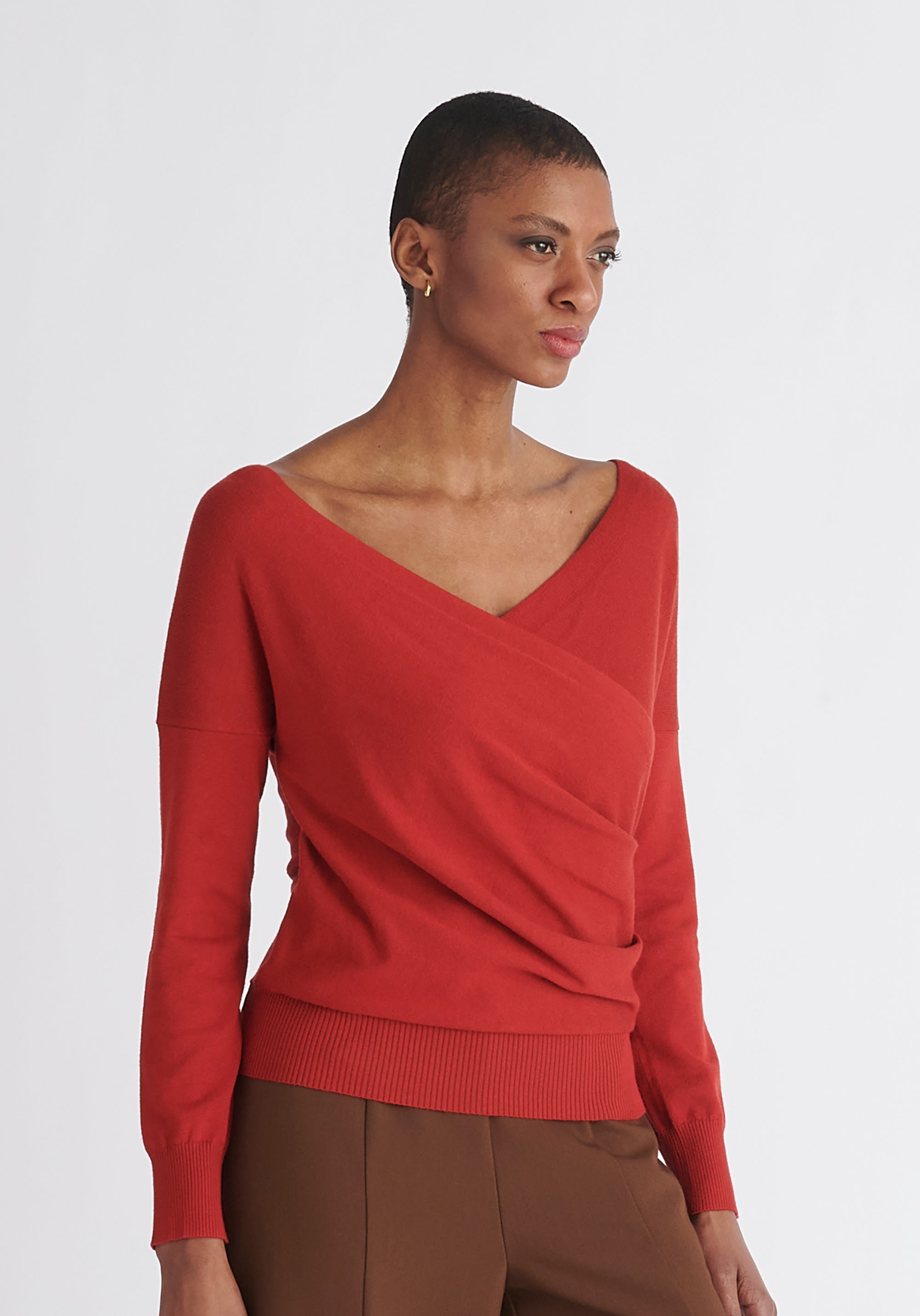 Paisie Long Sleeve Knit Wrap Top in Red
