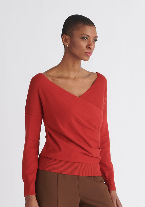 Paisie Long Sleeve Knit Wrap Top in Red